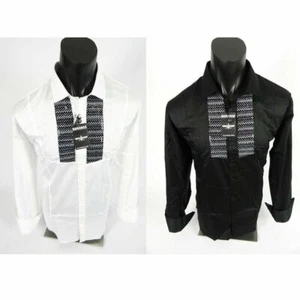 Mens Shirt Black White Sequins Event Wedding Barabas Classic Fit Button Up - Picture 1 of 11