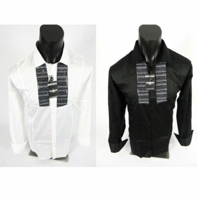 Mens Shirt Black White Sequins Event Wedding Barabas Classic Fit Button Up - Image 1 of 4