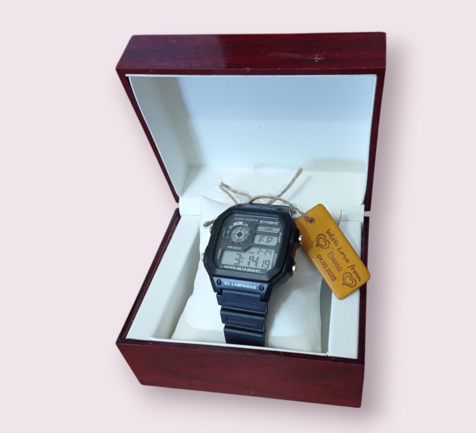 Relógio de pulso masculino digital personalizado conjunto de presente caixa de madeira etiqueta gravada personalizada - Imagem 1 de 4