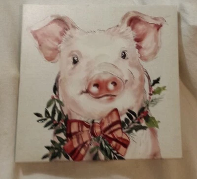 Christmas Pig Canvas Wall Art Textured 12x12 Modern Darling Rustic Farmhouse - Image 1 of 4