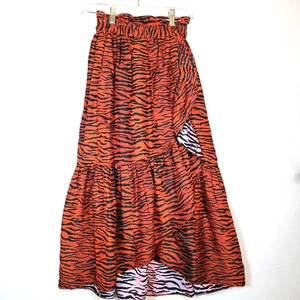 Kenzo X H&M Womens Viscose Silk Ruffle Wrap Maxi Skirt Size 2 Red Tiger Zebra - Picture 1 of 5