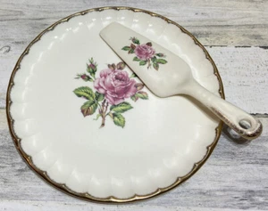 Vintage W.S. George Plate & Pie Sever Pink Rose Design 22 Carat Gold Scalloped - Picture 1 of 14