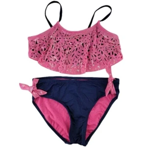 Justice Girls Swimsuit 14 Pink Shimmer Blue Cutout Flounce Spaghetti 2 Piece - Picture 1 of 6
