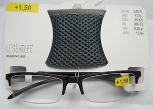 Lese-Brille mit Etui - Lesehilfe - Reading Aid -schwarz-halber Rand + 1,50 - Neu - Bild 1 von 2