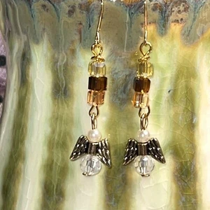 Gold Tone French Hook Etched Angels Charms Dangle Earrings. Heaven. White S755 - Picture 1 of 3