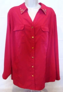 JM Collections Women's 16W Pink Rhinestone Collar Button Up Blouse - Picture 1 of 6