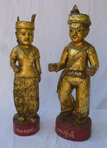 Birmanie couple de Nat birman H.58 et 63 cm Myanmar Asie Burmese Nat Burma - Imagen 1 de 9
