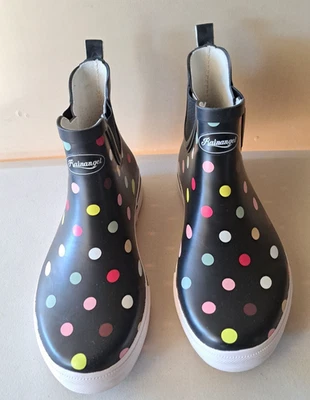 Botas de lluvia al tobillo negras a lunares multicolores Rainangel, para mujer talla 9 *USADAS EN EXCELENTE ESTADO* Foto 1 de 4