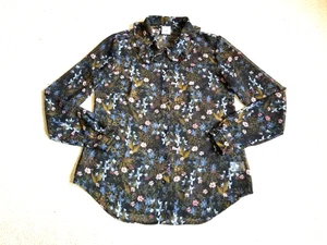 Womens Top-CABI-black/blue/green floral silky sheer button-up ruffled collar-S - Picture 1 of 4