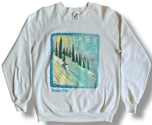 Felpa Nature Vintage Tg L Girocollo Bianco Donner Pass Stampa Puff Anni 80 Sci Rara - Foto 1 di 6