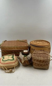 Brown Woven Traditional Decorative Storage Basket With Lid Lot Of 5 - Picture 1 of 10