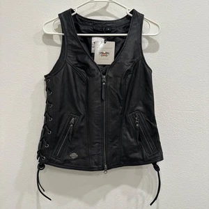 NWT Harley-Davidson Women’s Medium Avenue Black Leather Adjustable Vest Biker - Picture 1 of 8
