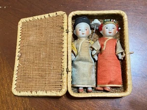 Vintage Pair Twin Asian Bisque Dolls Wicker Basket Chinese Attire - Picture 1 of 9