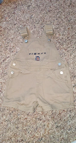 MLB Detroit Tigers Baseball Kids Size 6-9 Months Tan Brown Short Overalls Cover