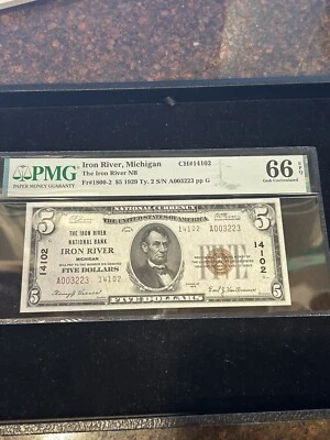SASA 1929 The Iron River National Bank Of Michigan $5 Pmg Gem Unc 66epq - Image 1 of 4