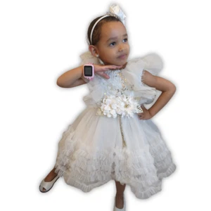 White Tulle Dress with Ruffled Accents & Gold Ribbon for Girls (2-3 Years) - Picture 1 of 1