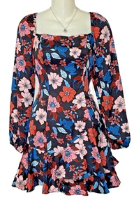 Black Floral Mini Dress – Long Sleeve Square Neck Ruffle Hem - Picture 1 of 5