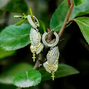 1.30 Ct Round Simulated Diamond Praying Hand Dangle Earrings 925 Sterling Silver - Picture 1 of 10