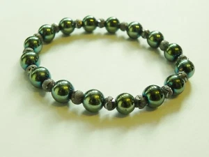 Green hematite and gun metal grey spacer beads. Handmade stretch bracelet. - Picture 1 of 2