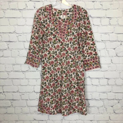 Anokhi Ivory Floral Block Print Kaftan Tunic Dress Size S Cotton - Image 1 of 4