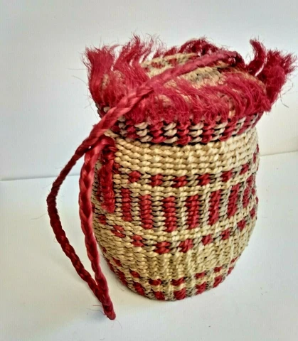 Handmade Woven Basket Ethnic Tribal Vintage Folk Art Lid and Strap Handle 10" T Cover