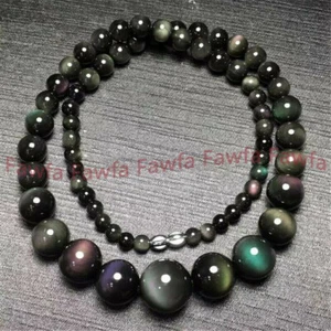 6-14mm Rainbow Eye Black Obsidian Round Gemstone Beads Tower Necklace 18" - Picture 1 of 6