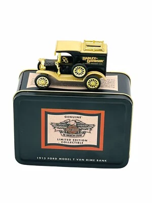 Harley Davidson 1913 Ford Modelo T Van banco de monedas de diez centavos, 1/43 edición limitada en caja de hojalata NOS Foto 1 de 4
