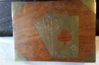 Vintage wooden playing cards box with Brass inlaid lid. 2 packs of cards
