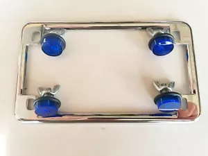 CHROME MOTORCYCLE License Tag Plate Frame & 4 BLUE Reflectors HARLEY - Picture 1 of 5