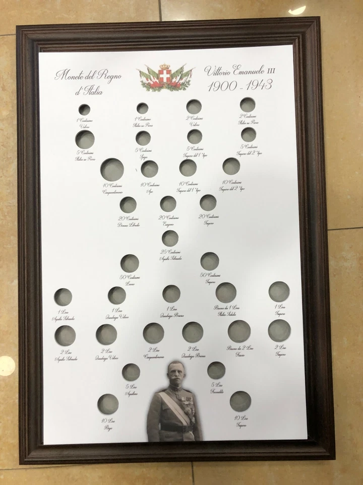 CORNICE + PANNELLO  x MONETE VITTORIO EMANUELE III TIPOLOGICO 58X43cm  - Immagine 1 di 1