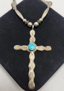 Vintage Navajo Turquoise Cross Sterling Silver 925 Bead Ball Necklace Stamped - Picture 1 of 16