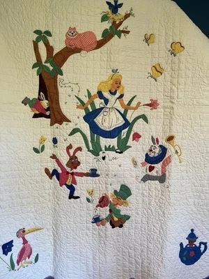 VTG Child’s ALICE IN WONDERLAND Throw Blanket Scalloped Coverlet Quilted 60”x66” - Image 1 of 4