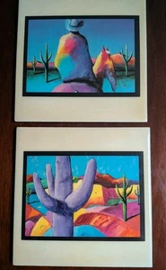 Downe Burns LOT Of 2 Santa Fe Western Art Tile 1991 Cowboy Horse Cactus Signed  - Picture 1 of 3