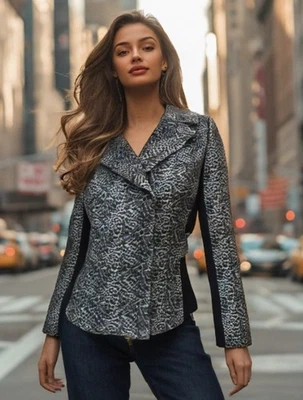 Chaqueta Nordstrom Estampado Animal Mujer Talla Mediana Bloque de Color Gris Cremallera Manga Larga Foto 1 de 4