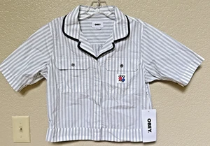Obey Serena gestreiftes Utility Shirt Damen Small Baumwolle Freizeit adrett Kurzarm - Bild 1 von 8
