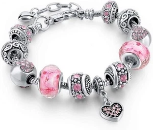 PANDORA SILVER BRACELET WITH CRYSTAL HEART AND LOVE EUROPEAN CHARMS - Picture 1 of 4