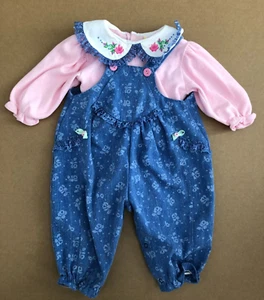 Adorable Vintage Baby Girls 2 pc. Blue Flowered Overalls & pink Top size 6-9 Mo. - Picture 1 of 6