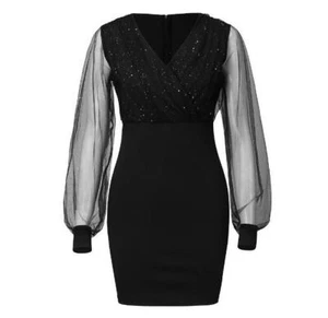 Mini vestido para mujer con cuello en V y lentejuelas de malla manga larga - Imagen 1 de 4