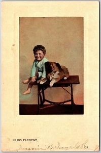 1909 In His Element Boy Sat On Table With His Dog Posted Postcard - Picture 1 of 2