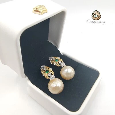 Real 14ct Gold Filled Huge 13mm Japan Master Carved Sea Pearl Emerald Diamond - Image 1 of 4