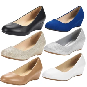 Women Mid Wedge Heel Pumps Round Toe Comfortable Dress Slip On Pump Shoes - Picture 1 of 16