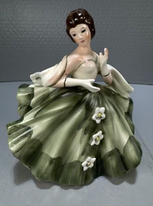 Vintage Lefton Dancing Lady Figurine Planter Vase Brunette in Green Dress #1337B - Picture 1 of 11
