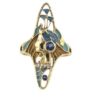 Anillo Art Nouveau Francés Zafiro Diamante Esmalte Oro 18k Talla 6 - Imagen 1 de 10