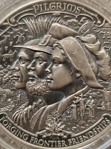 2020 Frontiers 1 oz .999 Silver Pilgrims 1st Mayflower Ringraziamento Antiquato - Foto 1 di 6