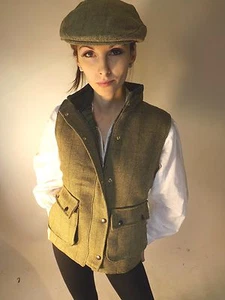New Women's Tweed Waistcoat Green Fashion Fitted Lined Quilted Sports Riding - Picture 1 of 3
