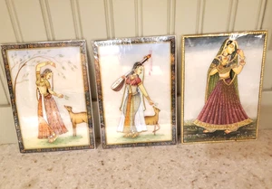 Miniature Mughal Paintings on Marble, Indian Women with Deer, and with Veil - Picture 1 of 12