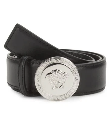 Nuevo con etiquetas Cinturón Versace Biggie Medusa Logo Hebilla Plateada Cuero Negro Talla 110 US44 $600 Foto 1 de 4