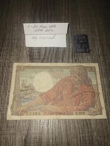 10 Gr .999 Fine Silver And A 1949 France 20 Francs Banknote Breton Fisherman - Picture 1 of 3