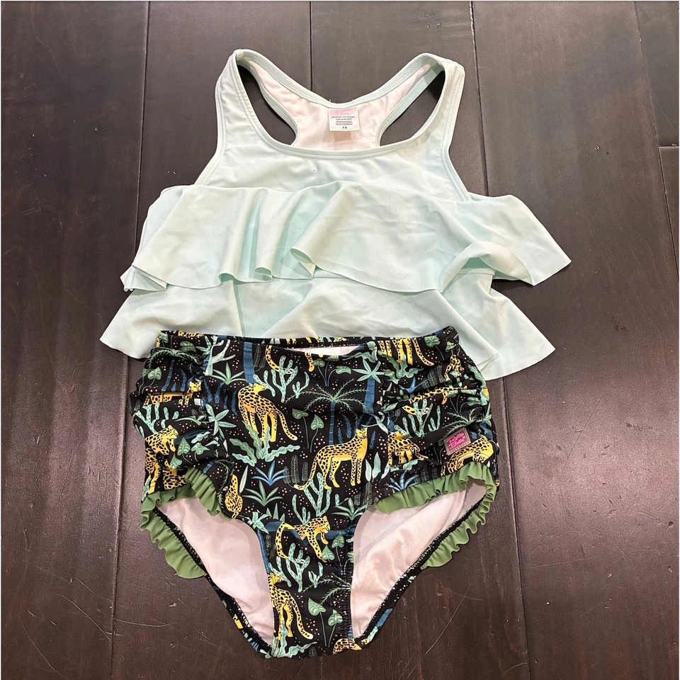 Babado Butts Meninas Duas Peças Natação Azul Selva Meninas Tamanho 10Y - Imagem 1 de 4