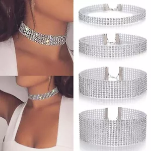 Choker Crystal Fashion Necklace Ladies Girl Diamante Jewellery Rhinestone Silver - Picture 1 of 36